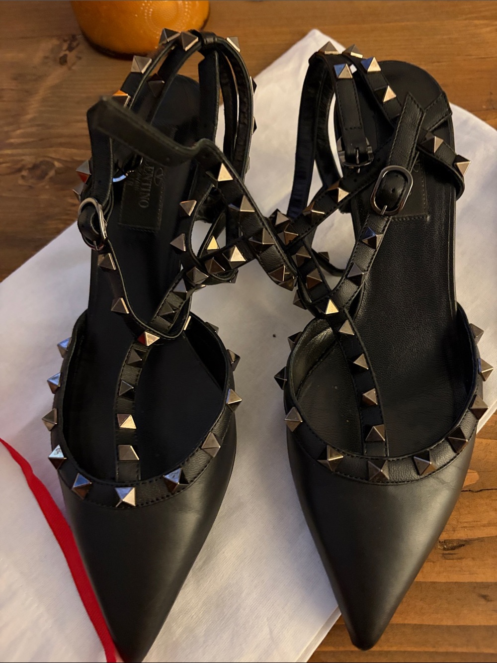 Valentino Black Pointed-Toe Rockstud Heels with Ankle Straps